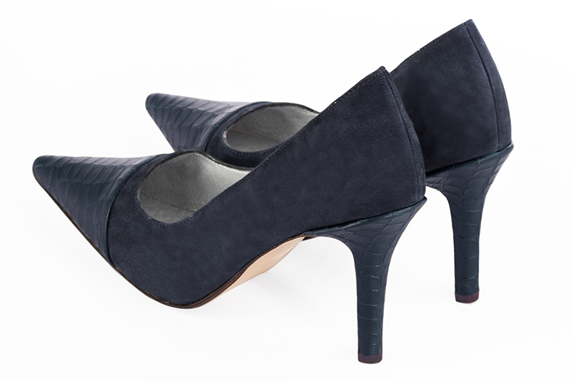 Navy blue women's dress pumps,with a square neckline. Pointed toe. High slim heel. Rear view - Florence KOOIJMAN